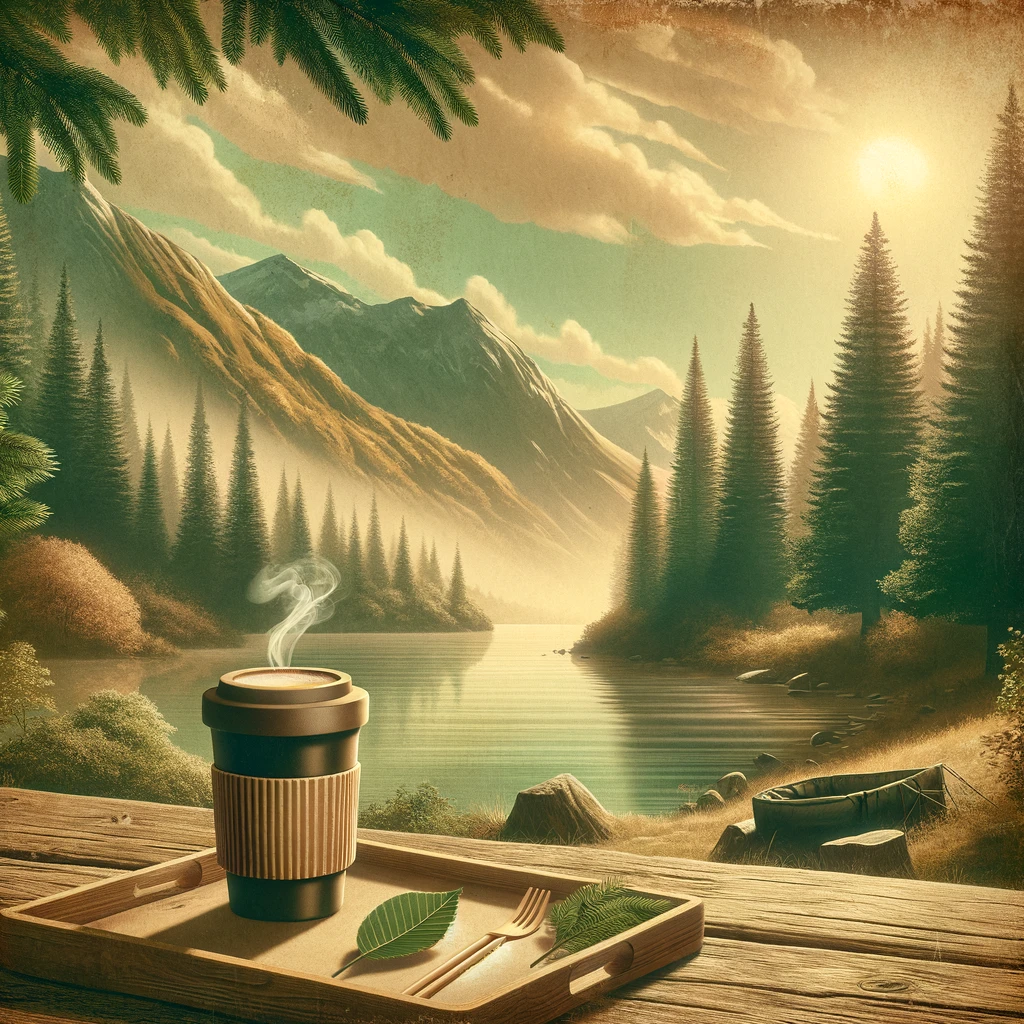 Eco-Friendly Coffee Options for Environmentally Conscious Travelers - capped paper coffee cup on bench looking at mountain river